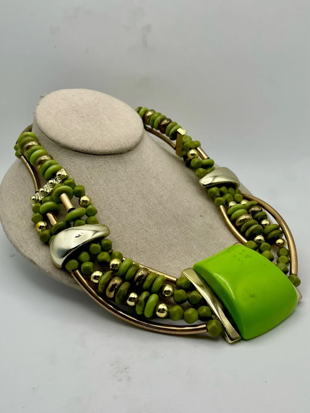 Vibrant Lime Green and Polished Gold Tone Multi Strand Statement Bib Necklace - Picture 6 of 15